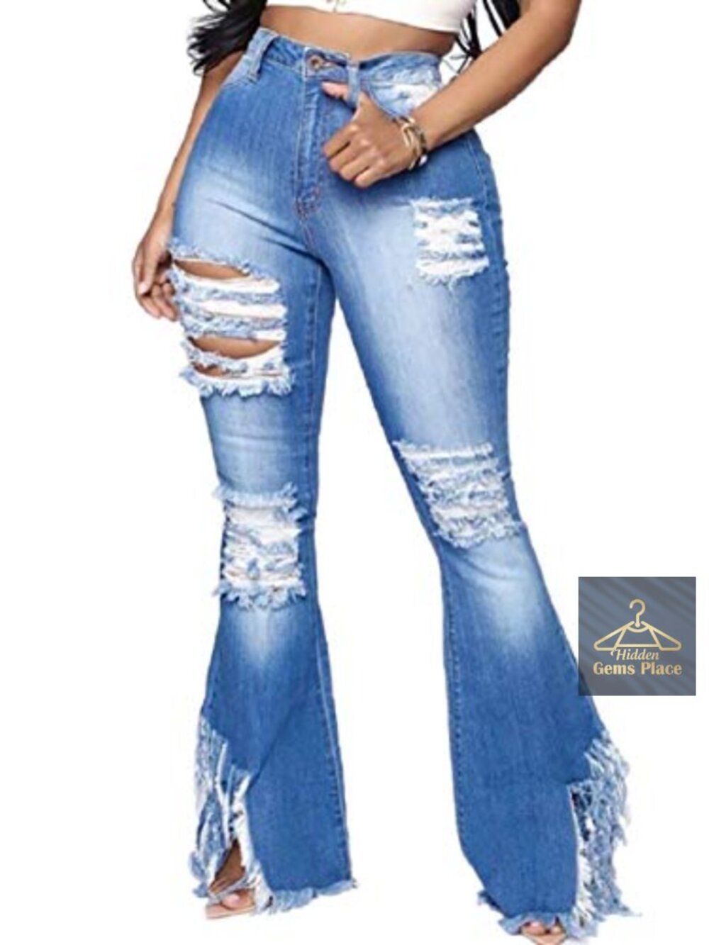 Skinny Ripped Bell Bottom Jeans High Waisted Distressed Flared Retro